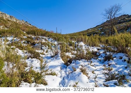 Winter landscape with snow in mountains of Serra do Xures natural park, Galicia, Spain