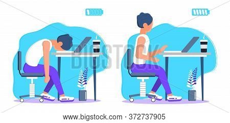 Burnout In Professional Life, Emotional Collapse Concept Vector. Tired Frustrated Freelancer Is Sitt