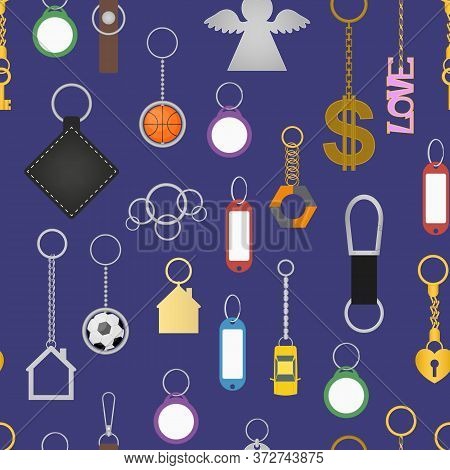 Cartoon Color Keychains Seamless Pattern Background Include Breloque Of Heart, Key, Home, Car, Angel