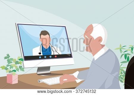 Senior Asian Man Staying At Home Consulting A Doctor Through Video Call