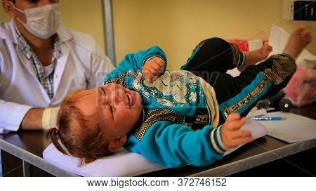 Aleppo, Syria 17 April 2020 Child Crying Because He Is Afraid Of Treatment