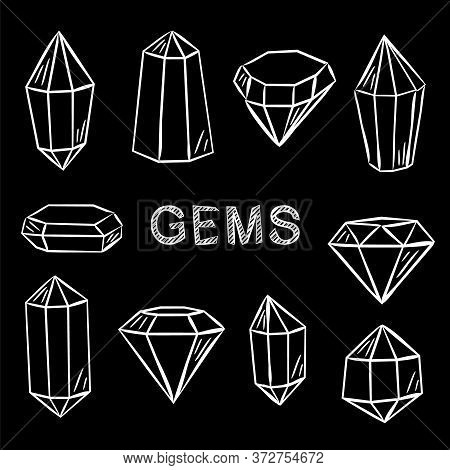 Set Of Crystals In Chalk Style. Hand-drawn Gems, Diamonds, Emeralds And Rubies. White Outline On A B