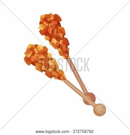 Caramelized Brown Sugar On Wooden Sticks As Sweet Snack Vector Illustration