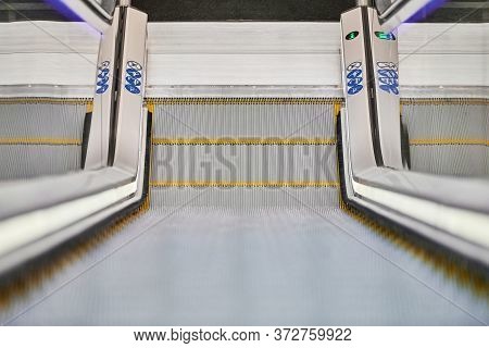 Escalator In Business Center. Close Up Escalators Stairs Up And Down In Office Building, Shopping Ma