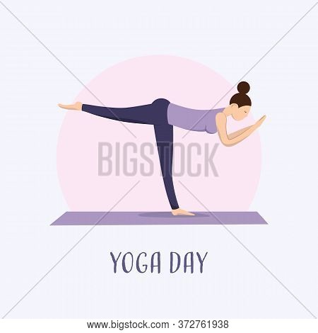 The Girl Does Yoga At Home. Yoga Day. A Girl Stands On One Leg On A Purple Yoga Mat.