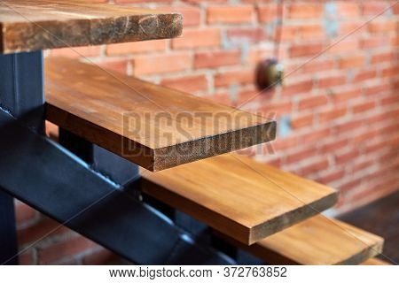 Stairs In Loft Apartment. Staircase Without Railing. Modern Hipster Style Attic Loft Apartment Detai