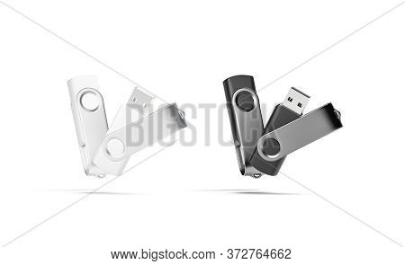 Blank Black And White, Opened And Closed Usb Stick Mockup, No Gravity, 3d Rendering. Empty Pocket Mo