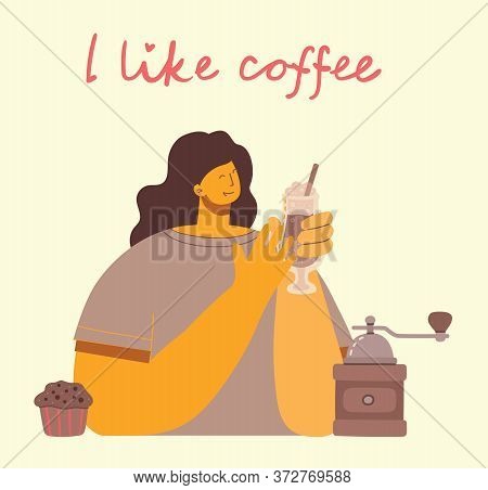 Smiling Girl Drinking Coffee. Coffee Time, Break And Relaxation Vector Concept Cards. Vector Illustr
