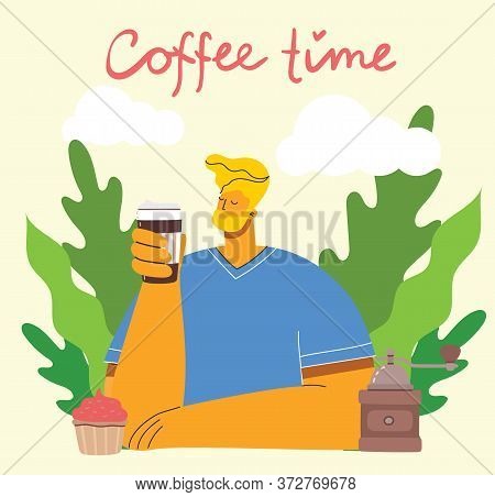 Smiling Young Man Drinking Coffee. Coffee Time, Break And Relaxation Vector Concept Cards. Vector Il