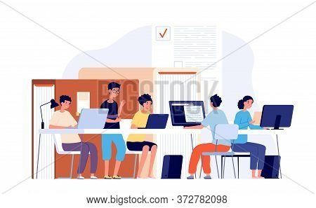 Students Study At Desk. Young Teens Studying With Laptop Computer, Teamwork College School. Pensive 