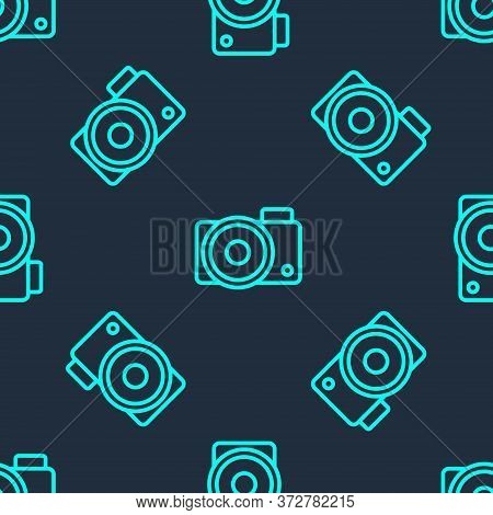 Green Line Photo Camera Icon Isolated Seamless Pattern On Blue Background. Foto Camera Icon. Vector 