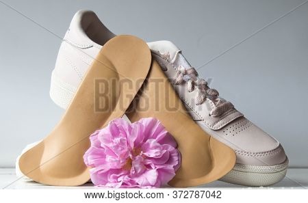 Orthopedic Insoles Decorated With Rose Hip Flower On The Background Of Sneakers.