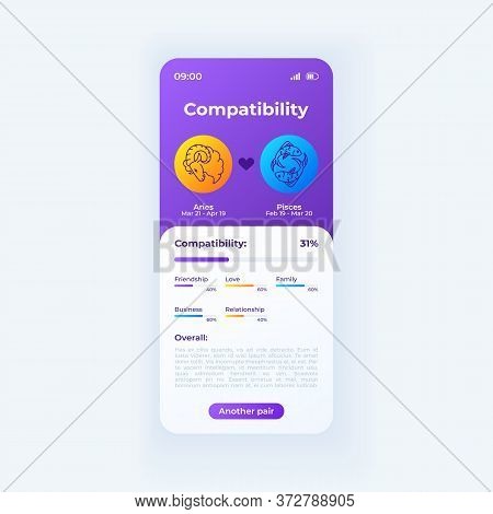 Horoscope Compatibility App Smartphone Interface Vector Template. Mobile App Page Day Mode Design La