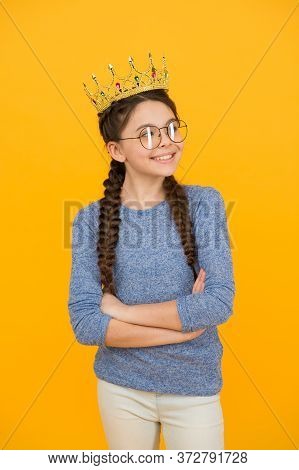 Prom Jewelry And Accessories. Happy Child Wear Prom Crown. Prom Girl Yellow Background. Prom Party. 