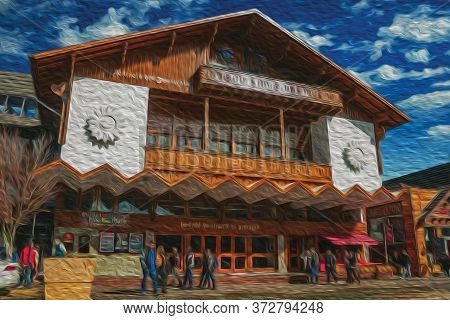 Gramado, Brazil, July 21, 2019. Festivals Palace And People On Borges De Medeiros Avenue In Gramado.