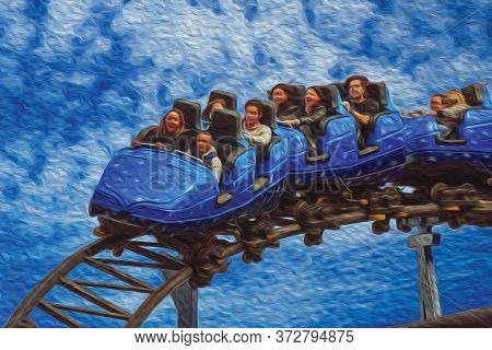 Canela, Brazil - July 21, 2019. People Having Fun On Roller Coaster In A Cloudy Day At The Alpen Amu