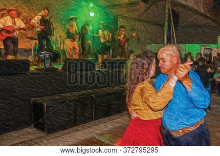 Canela, Brazil - July 21, 2019. People Dancing Traditional Songs Performed By Musicians On A Folklor