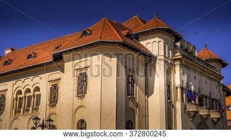 Town Hall Or City Hall In Campulung Muscel, Arges County, Romania. Beautiful Architectural Building 