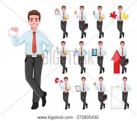 Successful Business Man, Set Of Thirteen Poses. Handsome Businessman In Business Clothes. Cheerful C
