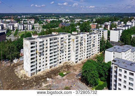 Aerial View Of The Demolition Apartment Building In Espoo, Finland.