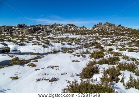 Winter landscape with snow in mountains of Serra do Xures natural park, Galicia, Spain