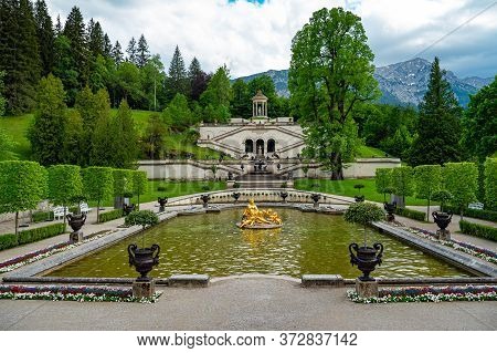 The Beautiful Gardens Of Linderhof Castle In Bavaria Germany - Linderhof, Germany - May 27, 2020. Hi