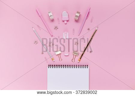 Back To School Concept Notepad, Pencil Case, Stationery And School Supplies. Top Horizontal View Cop