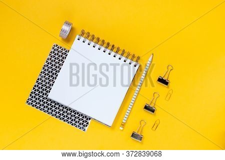 Back To School Concept Notepad, Pencil Case, Stationery And School Supplies. Top Horizontal View Cop