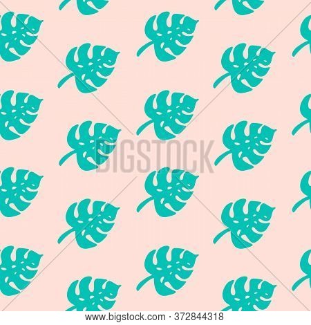 Tropic Monstera Palm Leaves Pattern. Seamless Exotic Pattern With Blue Tropical Monstera Leaves On P