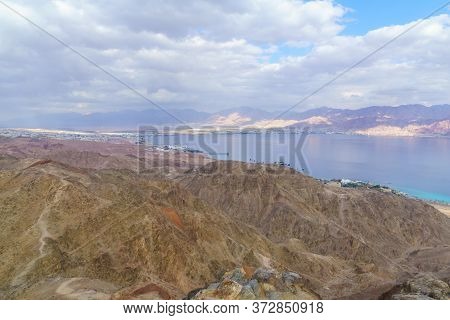 View Of Mount Tzfahot And The Gulf Of Aqaba. Eilat Mountains, Southern Israel And Jordan