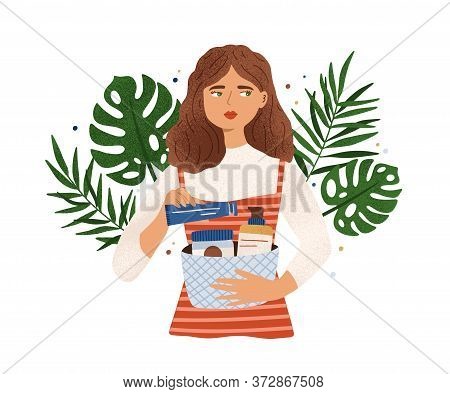 Portrait Of Woman Holding Basket With Organic Cosmetics Vector Flat Illustration. Female Choosing Ec