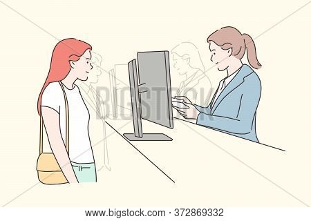 Check In, Registration, Control Concept. Young Woman Passenger Cartoon Character Standing On Passpor