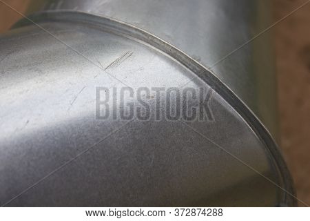 Galvanized Pipe Riveted, Close Up Of A Galvanized Sheet Connection In A Drainage Pipe