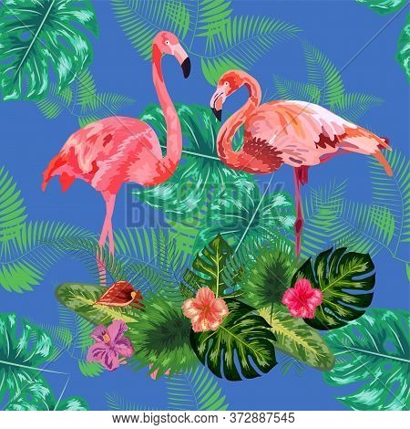 Trendy Seamless Pattern Pink Flamingo Birds Couple. Bright Camelia Flowers. Tropical Monstera Philod