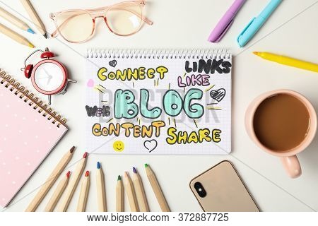 Composition Blog Accessories On White  Background. Blogger Workspace