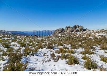 Winter landscape with snow in mountains of Serra do Xures natural park, Galicia, Spain