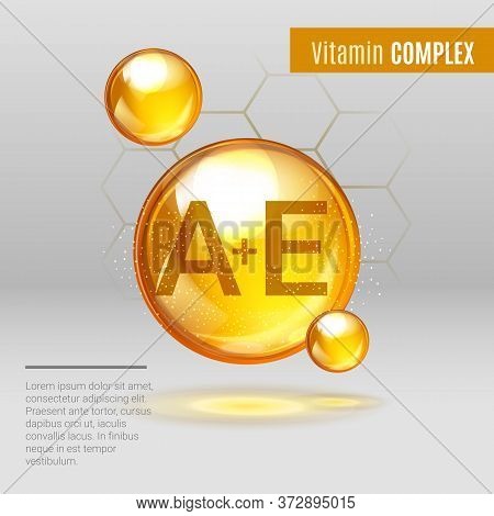 Vitamin A E Gold Shining Pill Capcule Icon . Vitamin Complex With Chemical Formula, Tocotrienols, Re