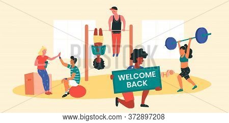 Sportsman With Welcome Back Banner, Informing Local Workout Community About The Resumption Of Traini