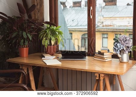 Wooden Working Desc Tabletop With Green Indoor Plants, Laptop