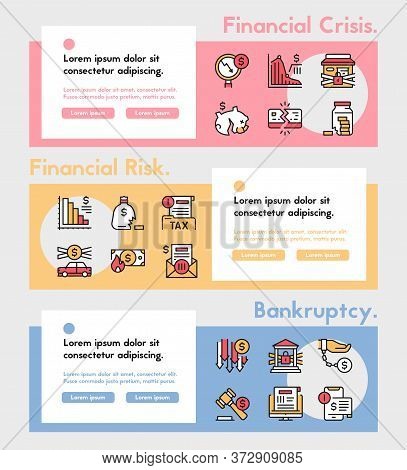 Vector Color Linear Icon Banner Set Of Financial Crisis, Rick, Bankruptcy