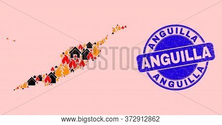 Fire Hazard And Realty Collage Anguilla Islands Map And Anguilla Grunge Stamp Imitation. Vector Coll