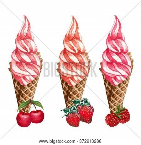 Hand Drawn Illustration Of Cherry, Strowberry And Raspberry Ice Creams In A Waffle Cone Together Wit