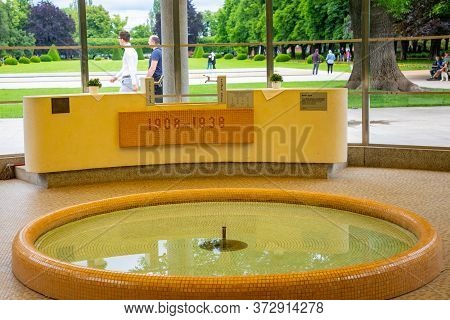 Podebrady, Czech Republic - 7.06.2020: Mineral Water Source In Famous Kolonada In Park In Podebrady,