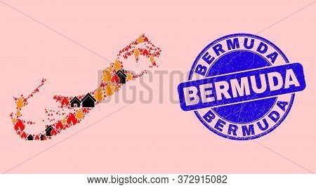 Fire Disaster And Homes Collage Bermuda Islands Map And Bermuda Dirty Stamp Print. Vector Mosaic Ber