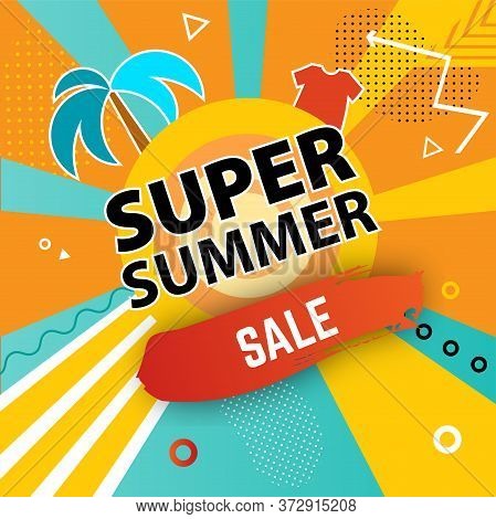 Super Summer Sale Banner. Abstract Sunny Rays And Sea., Sunbed On The Beach. Memphis Style Vector Il