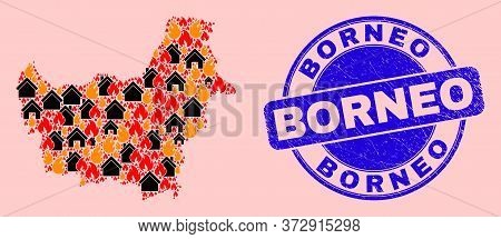 Fire Hazard And Houses Mosaic Borneo Map And Borneo Unclean Watermark. Vector Collage Borneo Map Is 