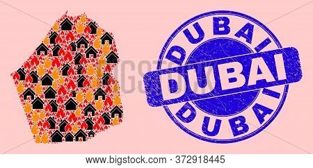 Fire Disaster And Property Collage Dubai Emirate Map And Dubai Corroded Stamp Seal. Vector Collage D