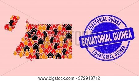 Fire Disaster And Property Collage Equatorial Guinea Map And Equatorial Guinea Corroded Stamp. Vecto