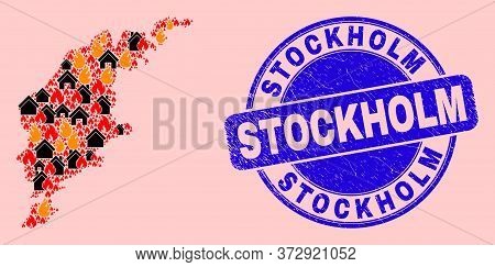 Fire And Buildings Collage Gotland Island Map And Stockholm Textured Seal. Vector Collage Gotland Is