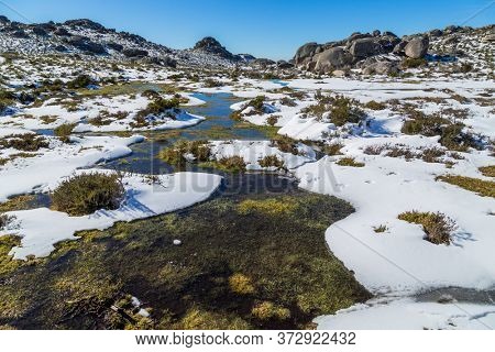 Winter landscape with snow in mountains of Serra do Xures natural park, Galicia, Spain
